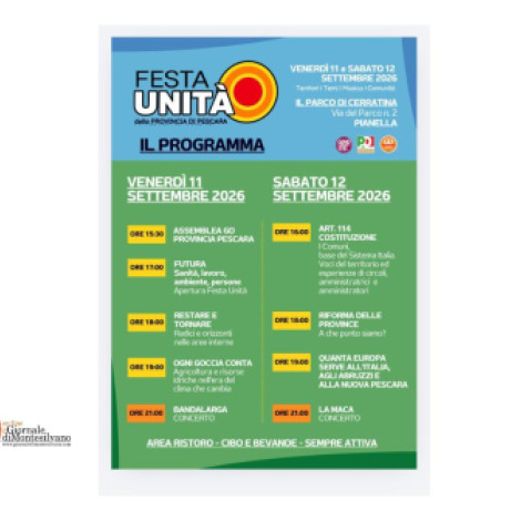 Pianella, nel Parco di Cerratina arriva la Festa dell'Unità della Provincia di Pescara.