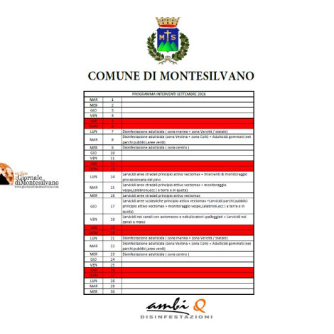 Montesilvano, disinfestazione e trattamento antilarvale, cicli di 14 interventi
