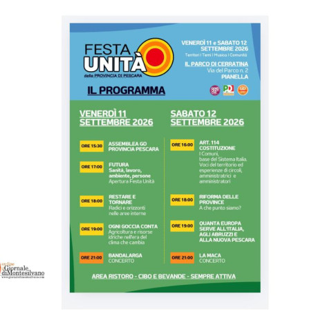 Pianella, nel Parco di Cerratina arriva la Festa dell'Unità della Provincia di Pescara.