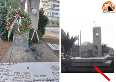 il monumento ieri e oggi, indicato il doppio basamento con una freccia