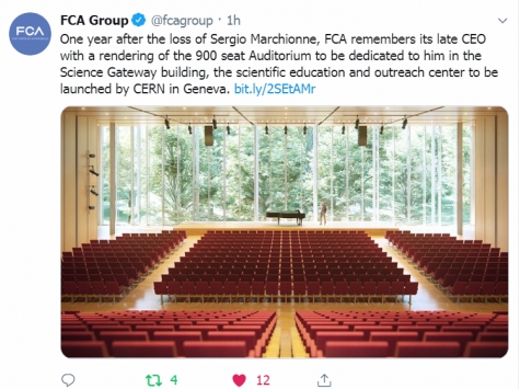 CERN di Ginevra. FCA ricorda Sergio Marchionne