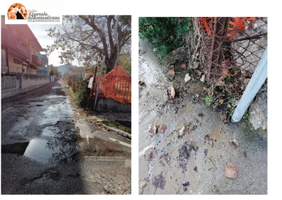 via Trieste e il punto esatto da dove sgorga la perdita.