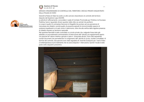 Pescara/Rancitelli. Polizia, chiuso circolo: aperto nonostante provvedimento interruzione