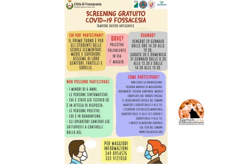 Fossacesia/Covid-19, venerdì Screening di massa con tamponi rapidi