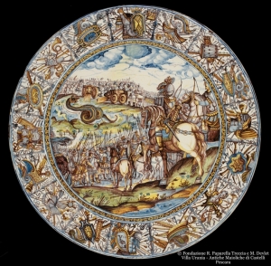 Piatto con Attilio Regolo che combatte il serpente africano Castelli, Francesco Grue, 1640-1645