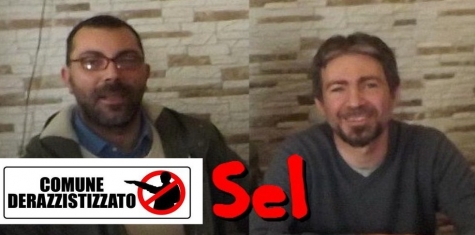 Nella foto Licheri e Cutilli del Sel e il riquadro con il cartello apposto al confine tra Pescara e Montesilvano dall'amminsitrazione Di Mattia e successivamento tolto