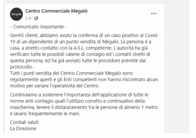 comunicato sul social del centro commerciale