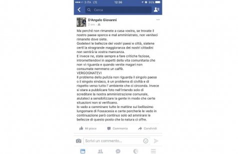 Il post di fuoco del vicesindaco di rocca San giovanni inviato dal gruppo consiliare Rocca in Comune