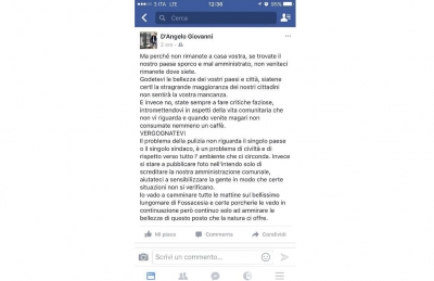 Il post di fuoco del vicesindaco di rocca San giovanni inviato dal gruppo consiliare Rocca in Comune