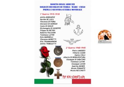Roseto degli Abruzzi, 8 novembre inaugurazione lapide soldati decorati delle due guerre