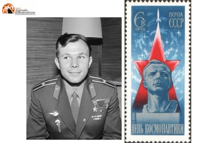 Giovane Gagarin e il francobollo commemorativo.