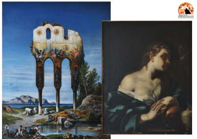 Cerchia di Francesco Solimena (1657-1747), "Maddalena penitente", olio su tela. Prima del restauro. Giulianova, Collezione comunale "Vincenzo Bindi" e Gonsalvo Carelli (1818-1900), "Cefalù", olio su tela. Prima del restauro. Giulianova, Collezione comunale "Vincenzo Bindi".