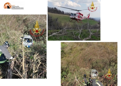 Montebello di Bertona, auto in una scarpata: necessario l'elicottero di Vigli del Fuoco.